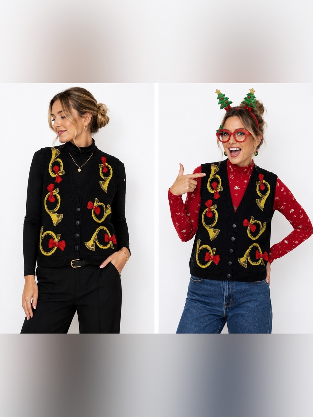 Talbots Women’s Black Knit Beaded Christmas Vest XL